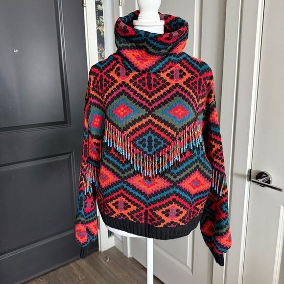 Farm Rio Rauti Multicolored Turtleneck Sweater with Beaded Fringe Size M - Picture 2 of 11